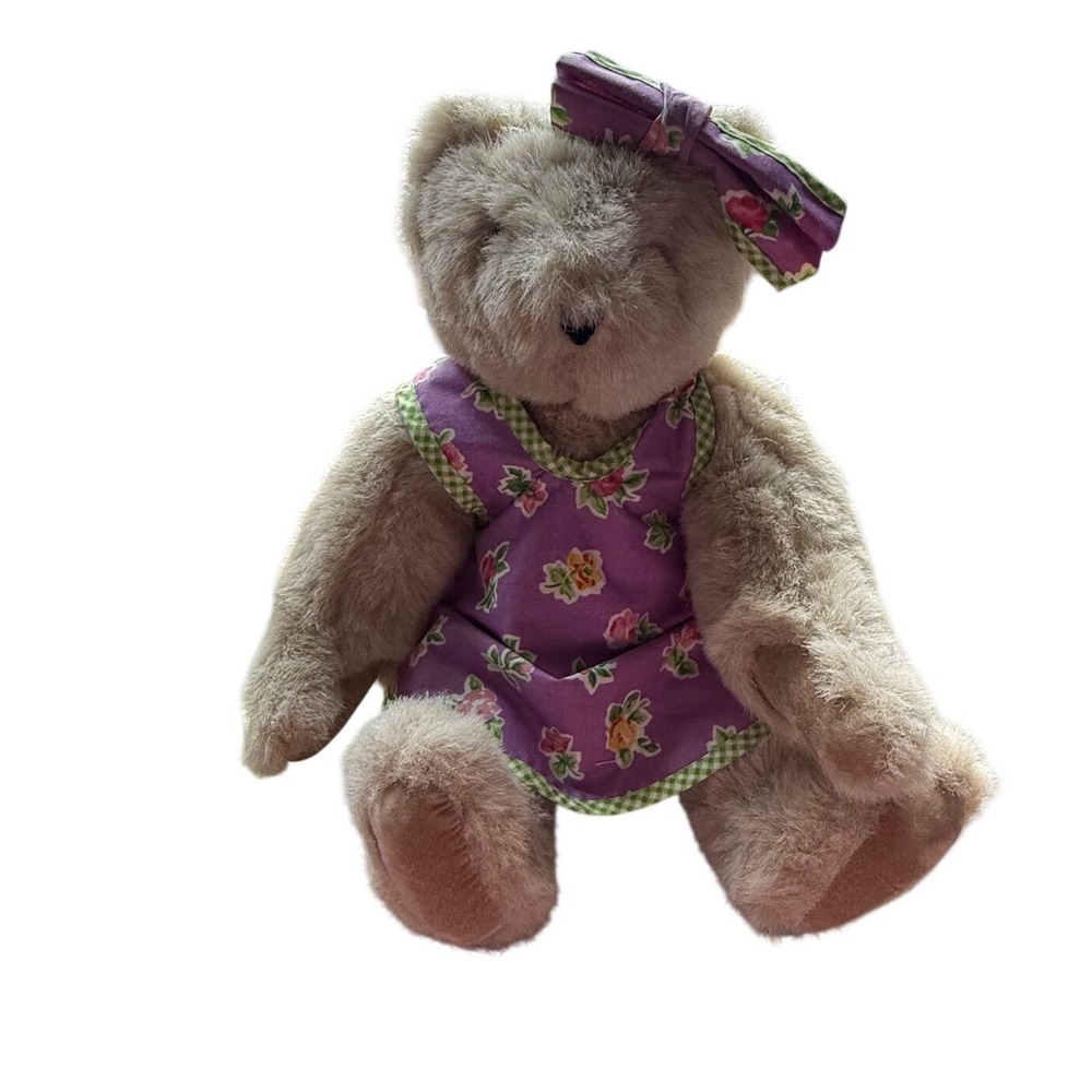 Vermont Teddy Bear Company 14.5"‎ Tan Plush Purple Floral Dress Gingham Bow USA